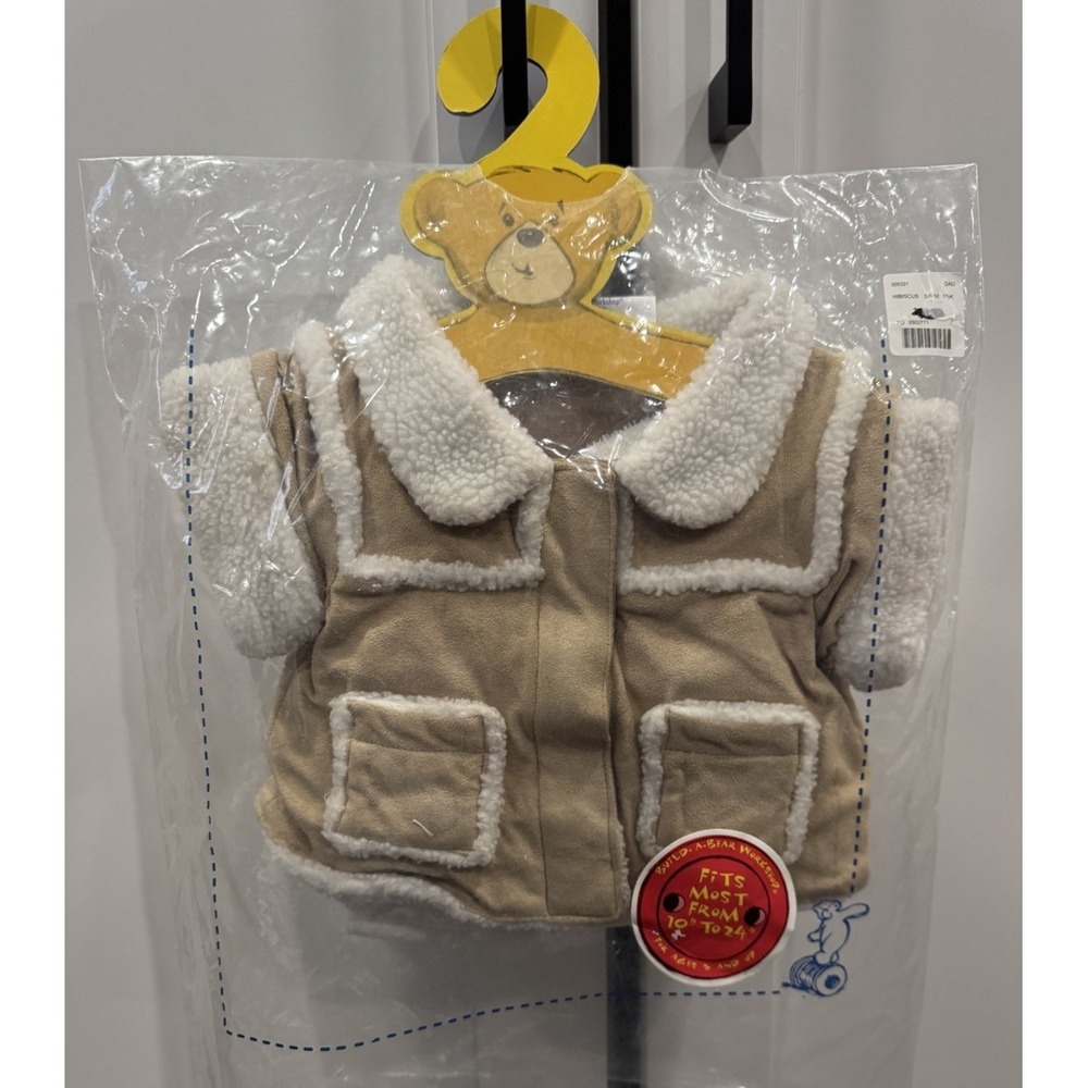 Build A Bear Faux Suede Sherpa Aviator Jacket Collar & Pockets On Hanger w/ Bag
